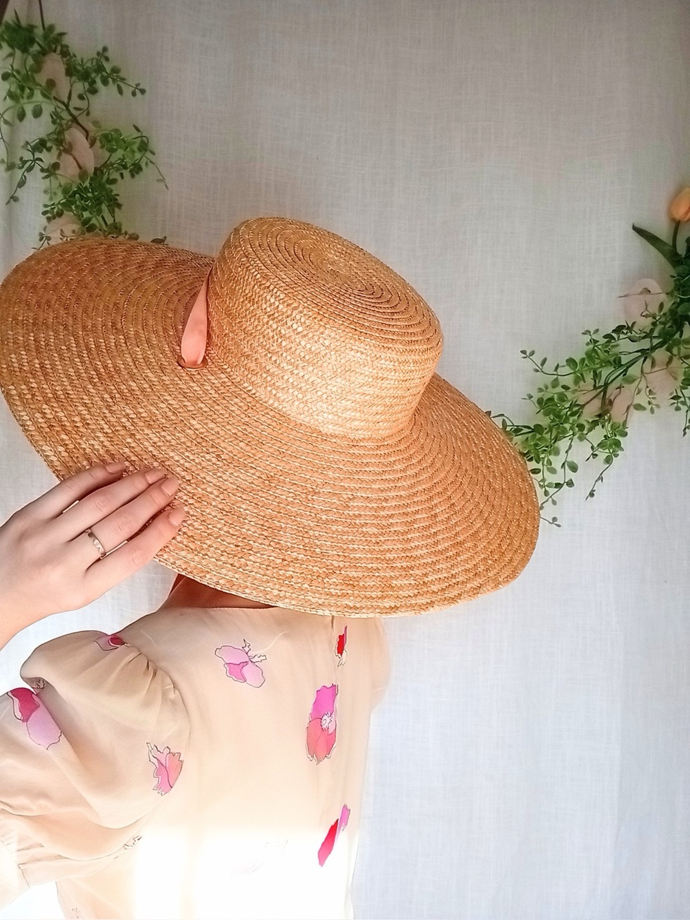 Anthro โ Wyeth Extended Wide Brim Boater Straw Hat with Tie Ribbon Chin Strap - Picture 9 of 17
